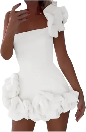 2023 Women Sexy Ruffles One Shoulder Dresses Sleeveless Ruched Bodycon Mini Dress Cocktail Party Outfits Clubwear