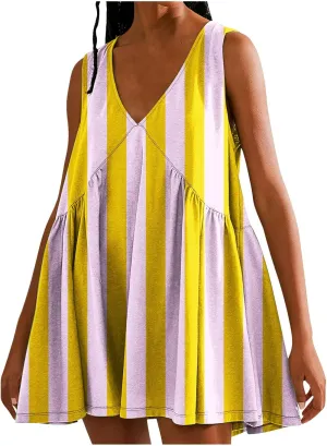 2024 Casual Loose Dresses for Women Summer Floral Printed Mini Dresses V-neck Sleeveless Flowy T Shirt Beach Sundress