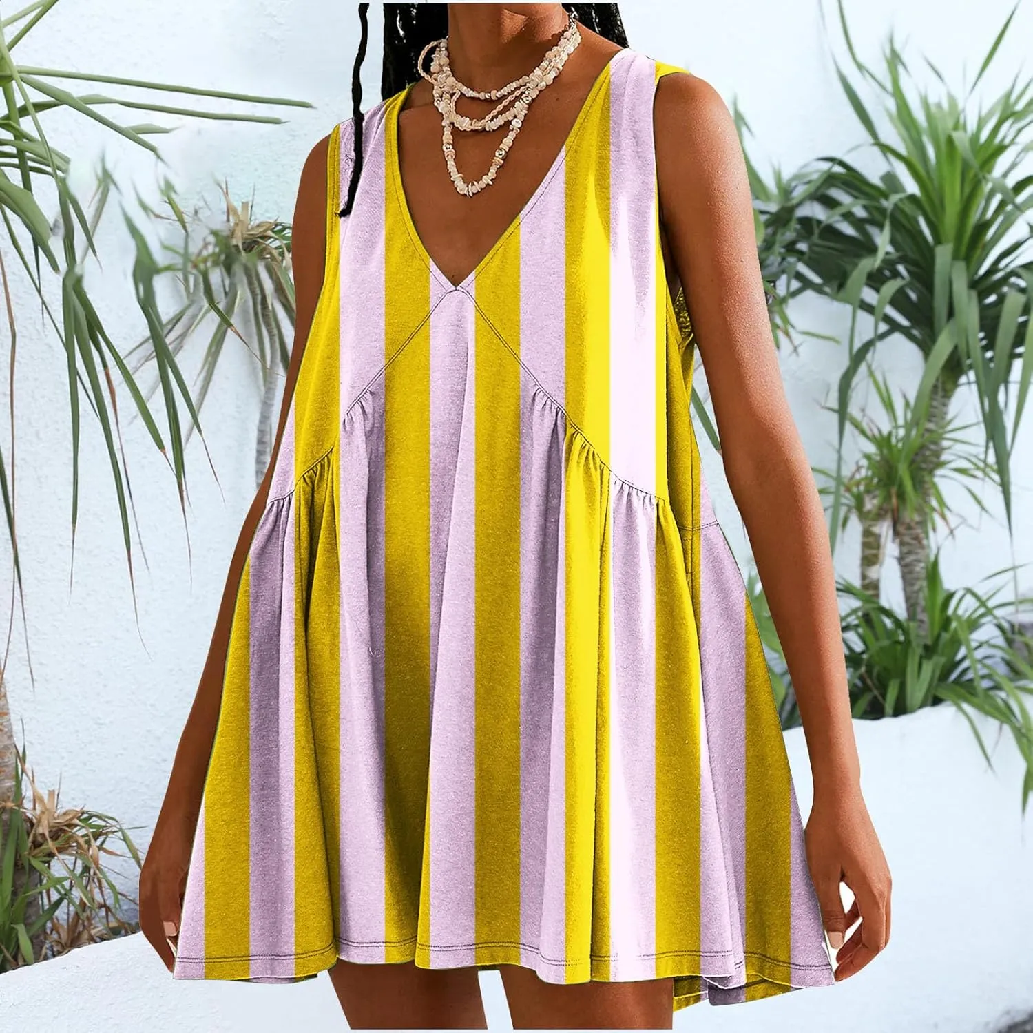 2024 Casual Loose Dresses for Women Summer Floral Printed Mini Dresses V-neck Sleeveless Flowy T Shirt Beach Sundress
