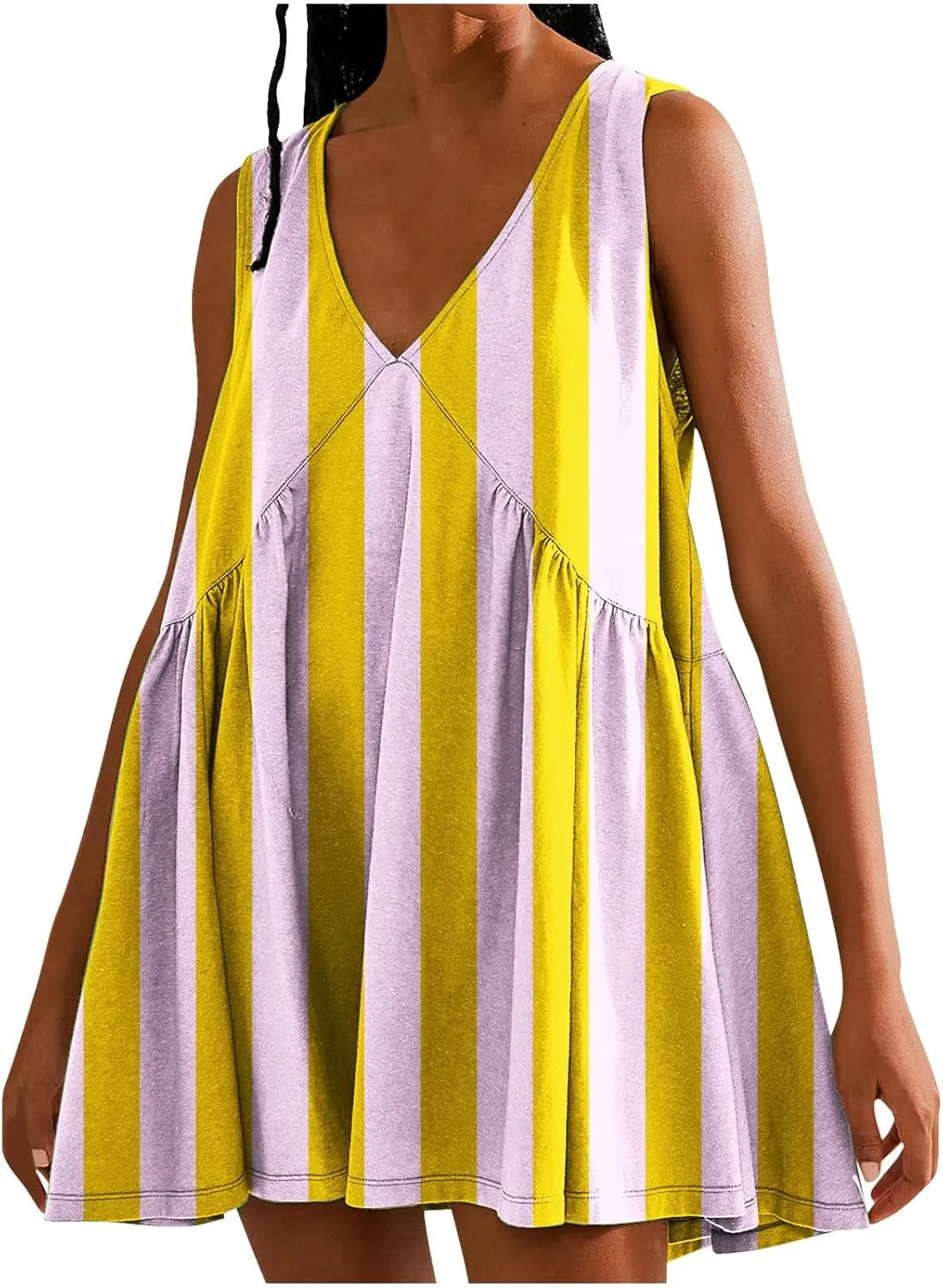 2024 Casual Loose Dresses for Women Summer Floral Printed Mini Dresses V-neck Sleeveless Flowy T Shirt Beach Sundress