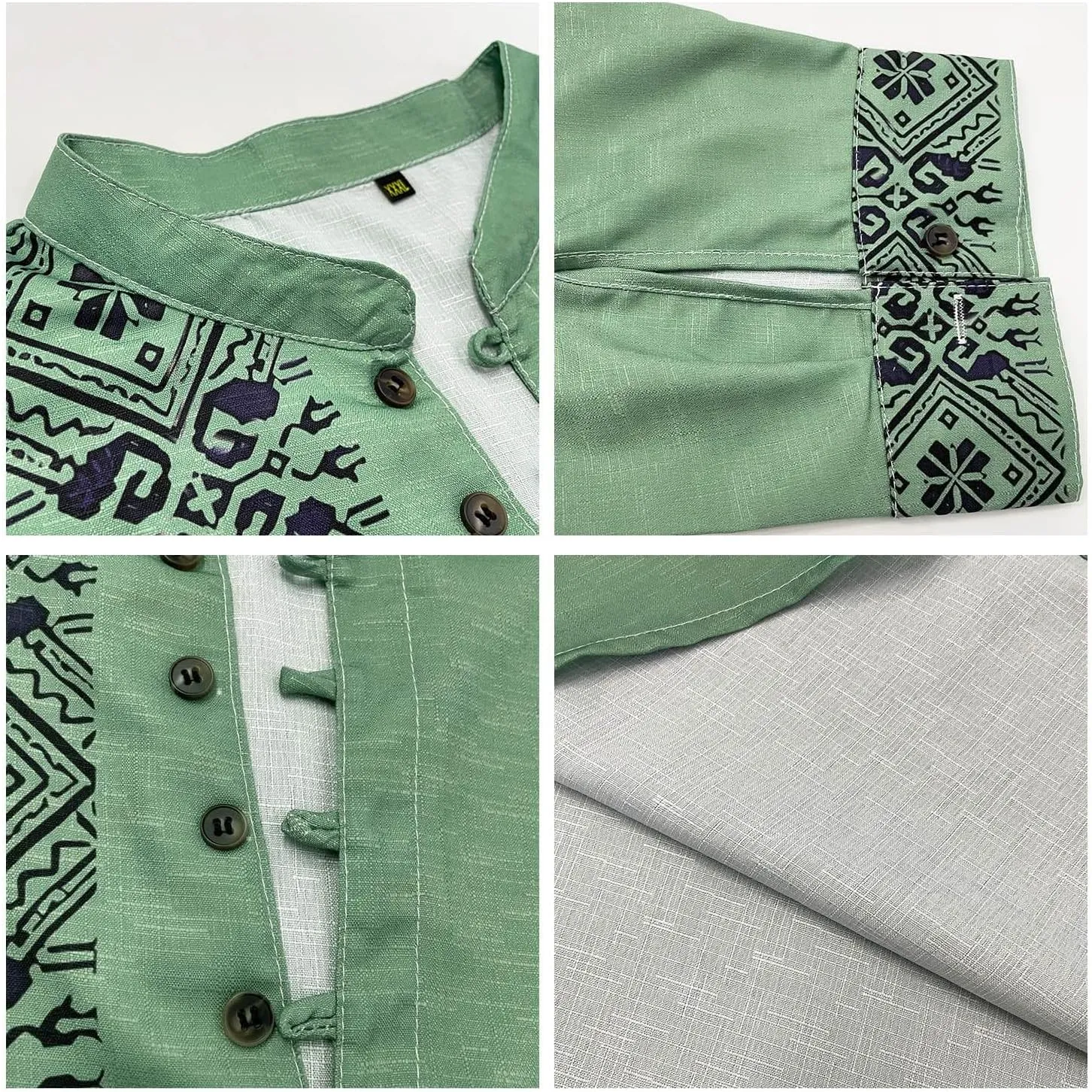 2024 Linen Shirts for Men Henley Long Sleeve Casual Banded Collar Button Vintage Beach Hawaiian T Shirt