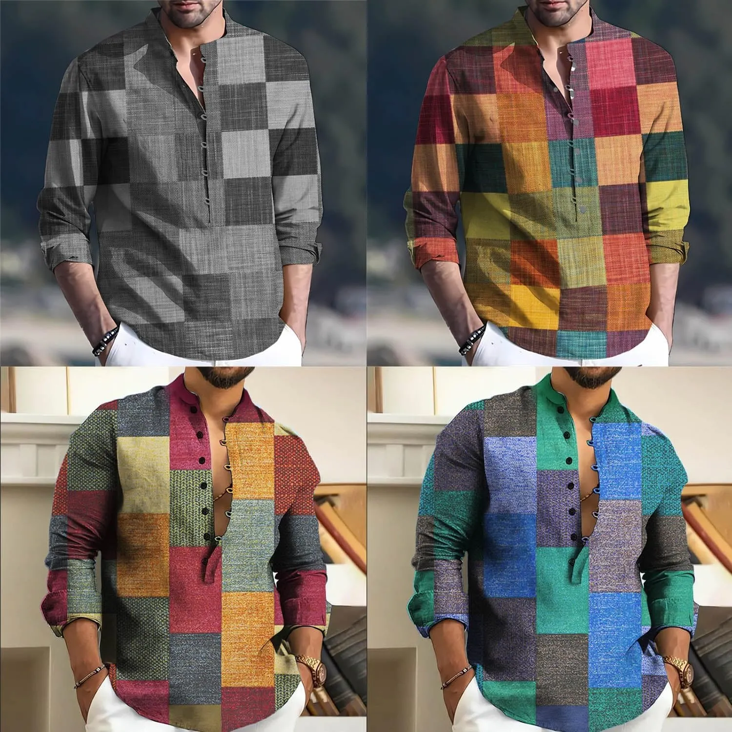 2024 Linen Shirts for Men Henley Long Sleeve Casual Banded Collar Button Vintage Beach Hawaiian T Shirt