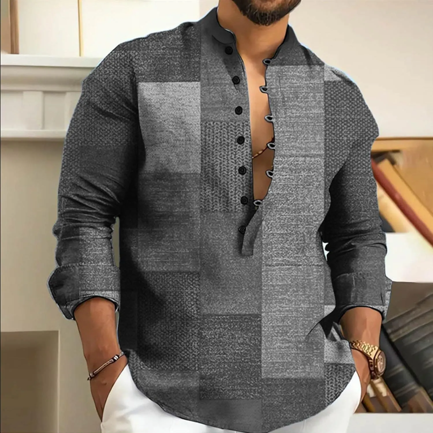 2024 Linen Shirts for Men Henley Long Sleeve Casual Banded Collar Button Vintage Beach Hawaiian T Shirt