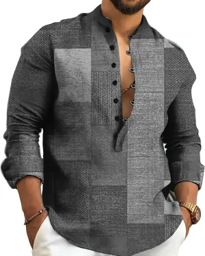 2024 Linen Shirts for Men Henley Long Sleeve Casual Banded Collar Button Vintage Beach Hawaiian T Shirt