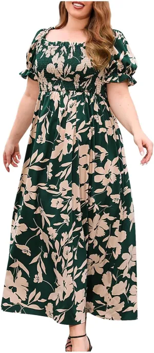 2024 Plus Size Dresses for Curvy Women Summer Puff Sleeve Boho Floral Dress Casual Square Neck Midi Dress Sundress Green