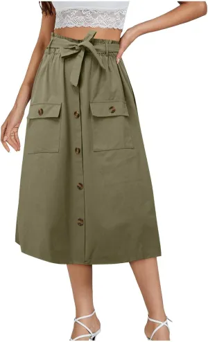 2024 Women's Skirts Summer New Literary Solid Color Button Midi Skirt Women's Woman Elastic Waist Cotton Linen A