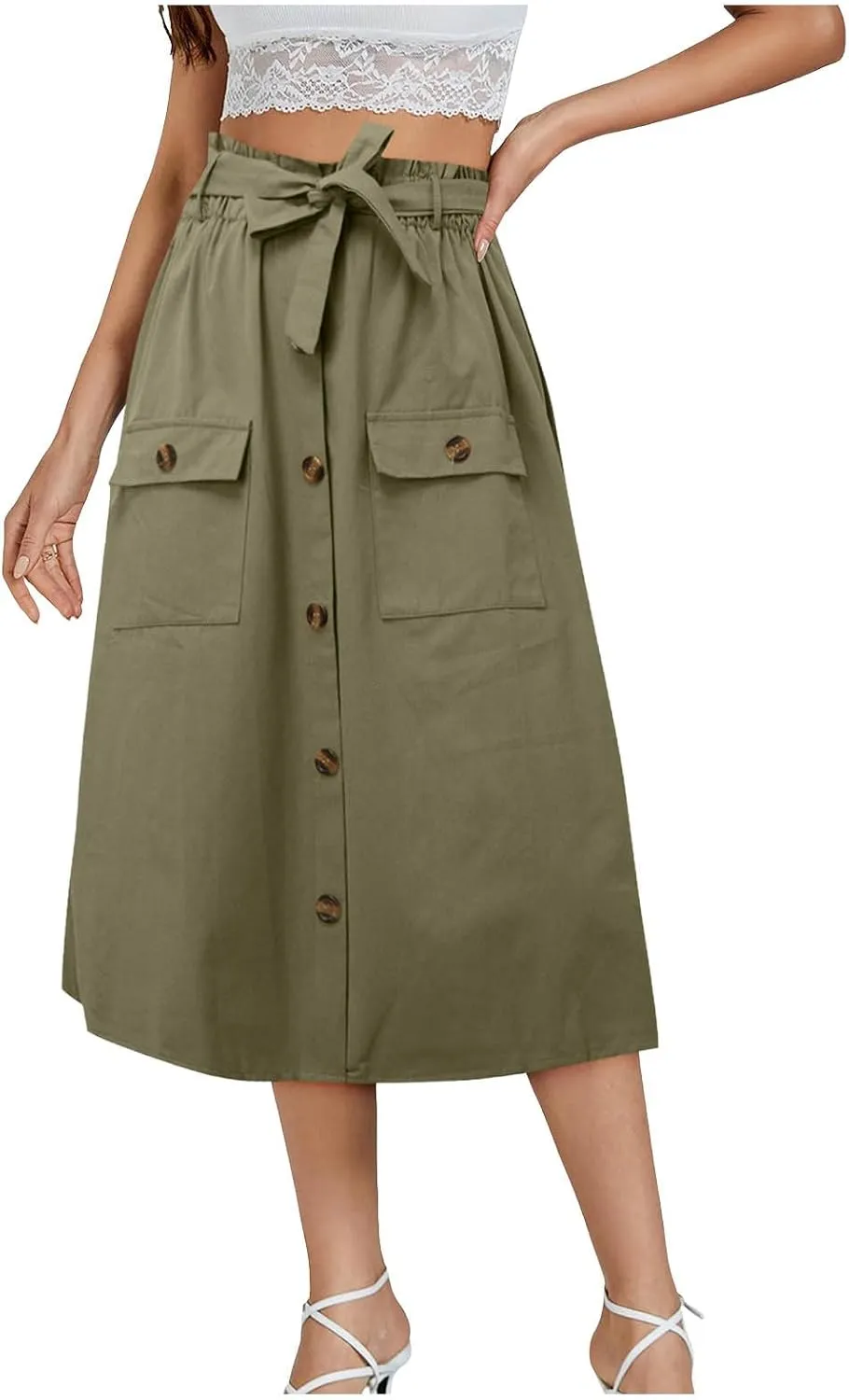 2024 Women's Skirts Summer New Literary Solid Color Button Midi Skirt Women's Woman Elastic Waist Cotton Linen A