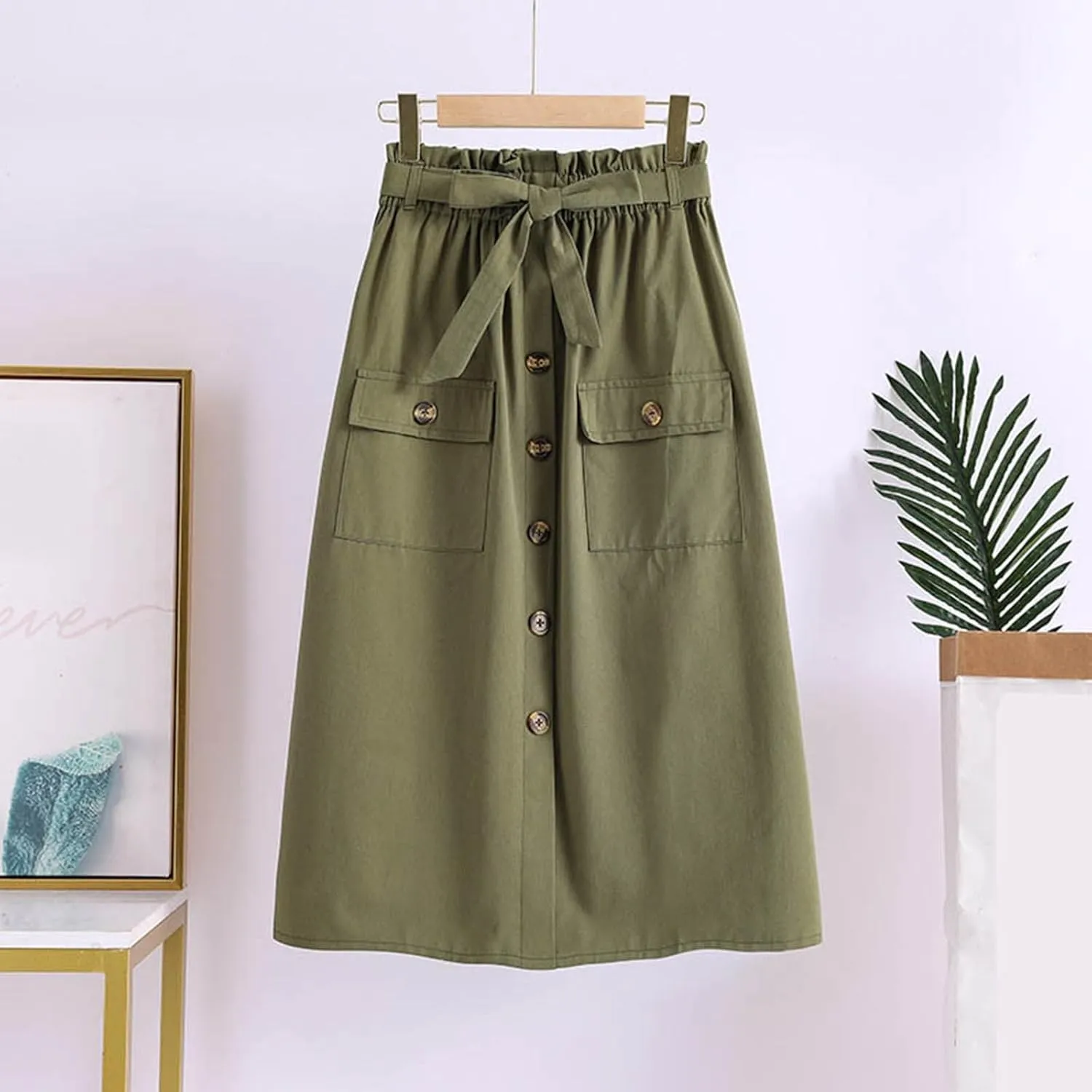 2024 Women's Skirts Summer New Literary Solid Color Button Midi Skirt Women's Woman Elastic Waist Cotton Linen A