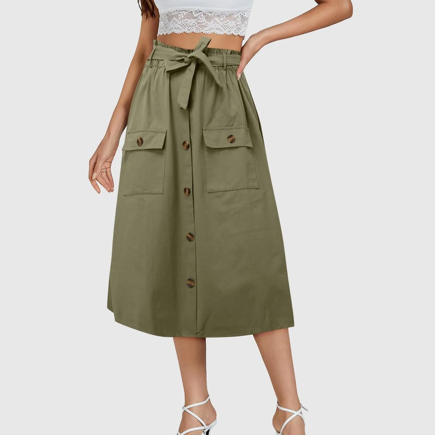 2024 Women's Skirts Summer New Literary Solid Color Button Midi Skirt Women's Woman Elastic Waist Cotton Linen A