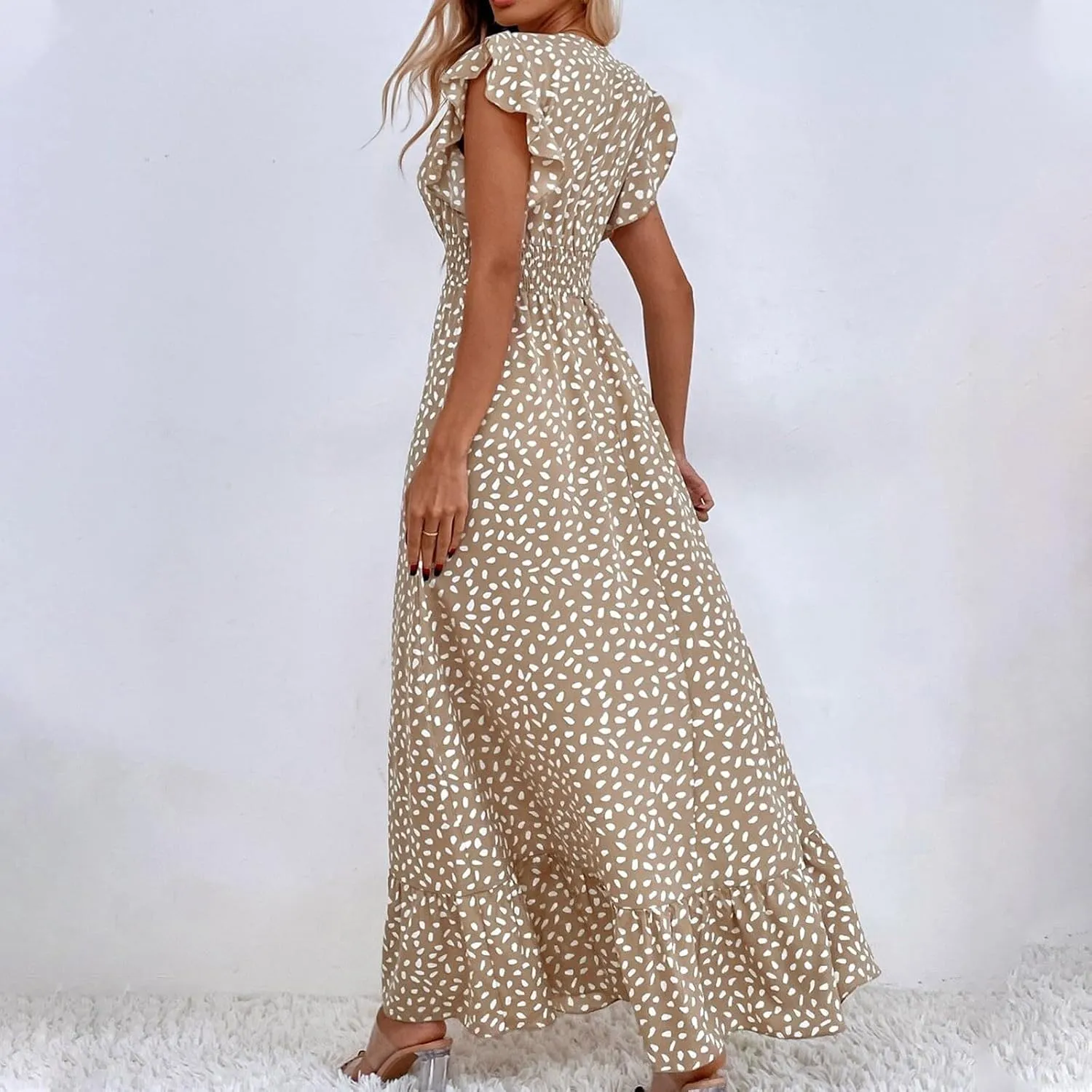 2024 Womens Summer Dresses Casual Boho Floral Ruffle Sleeve Midi Dresses Trendy Tie Waist V-Neck Sundress Beach Dress