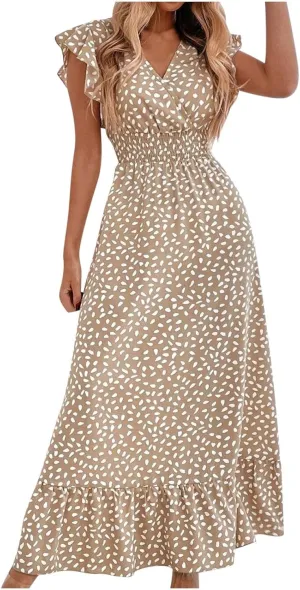 2024 Womens Summer Dresses Casual Boho Floral Ruffle Sleeve Midi Dresses Trendy Tie Waist V-Neck Sundress Beach Dress