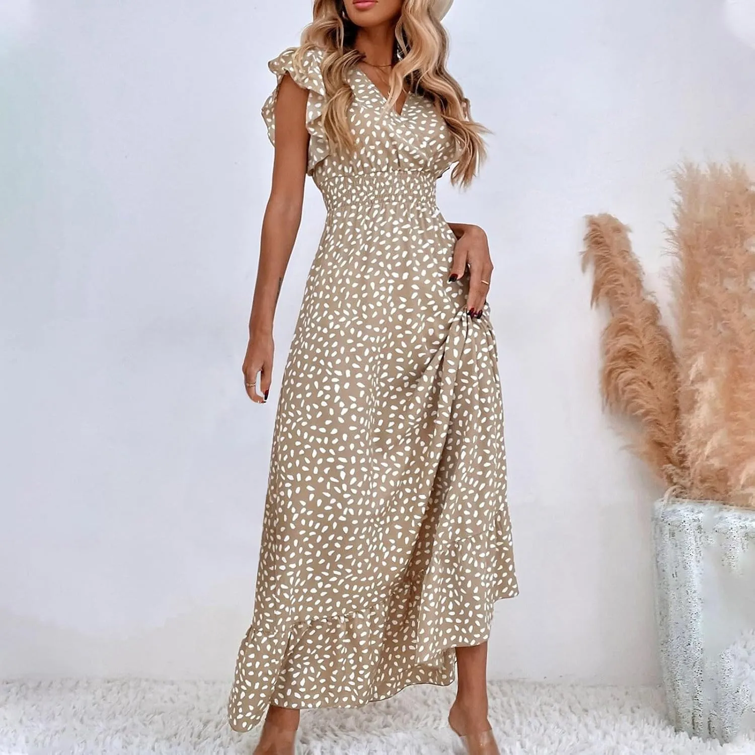 2024 Womens Summer Dresses Casual Boho Floral Ruffle Sleeve Midi Dresses Trendy Tie Waist V-Neck Sundress Beach Dress