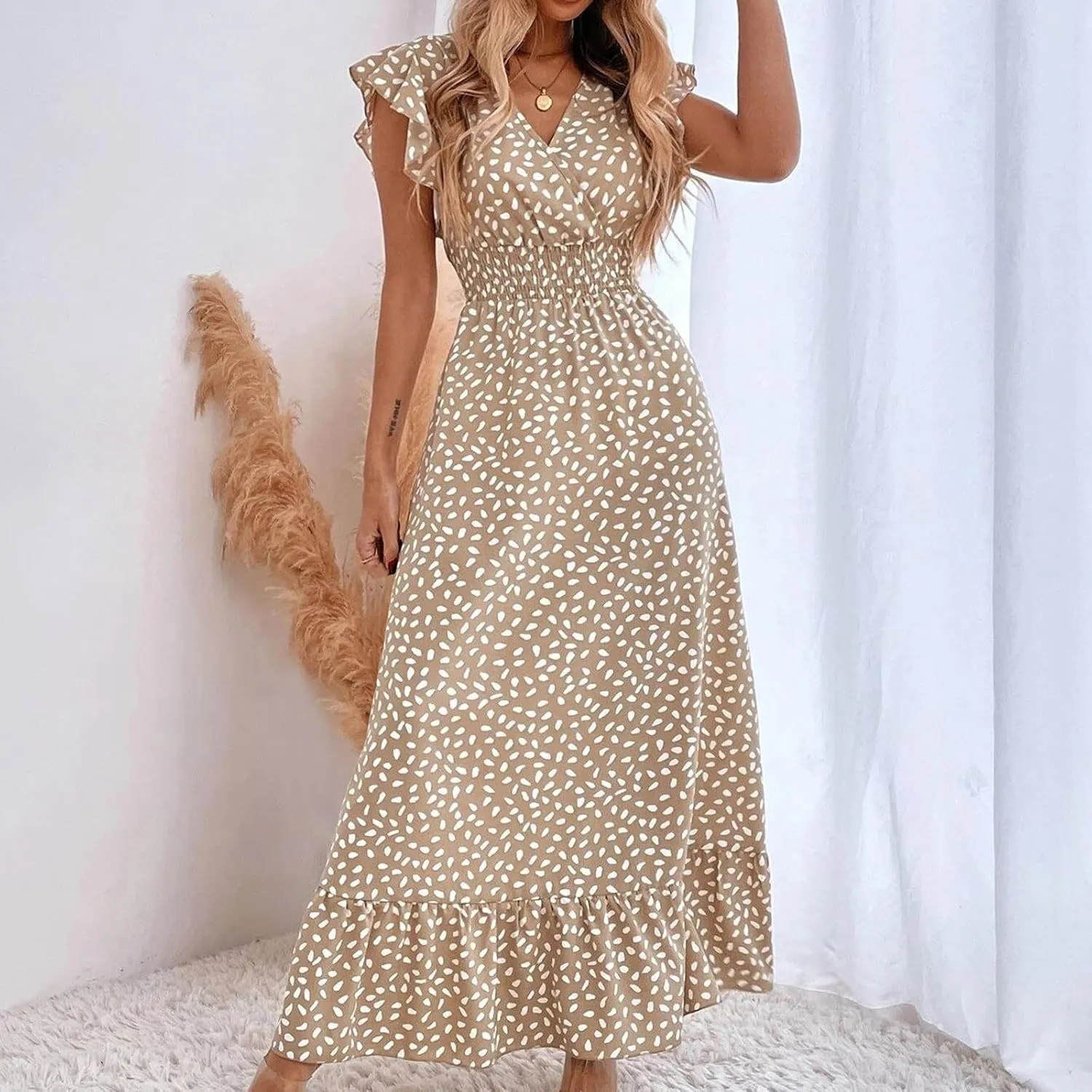 2024 Womens Summer Dresses Casual Boho Floral Ruffle Sleeve Midi Dresses Trendy Tie Waist V-Neck Sundress Beach Dress