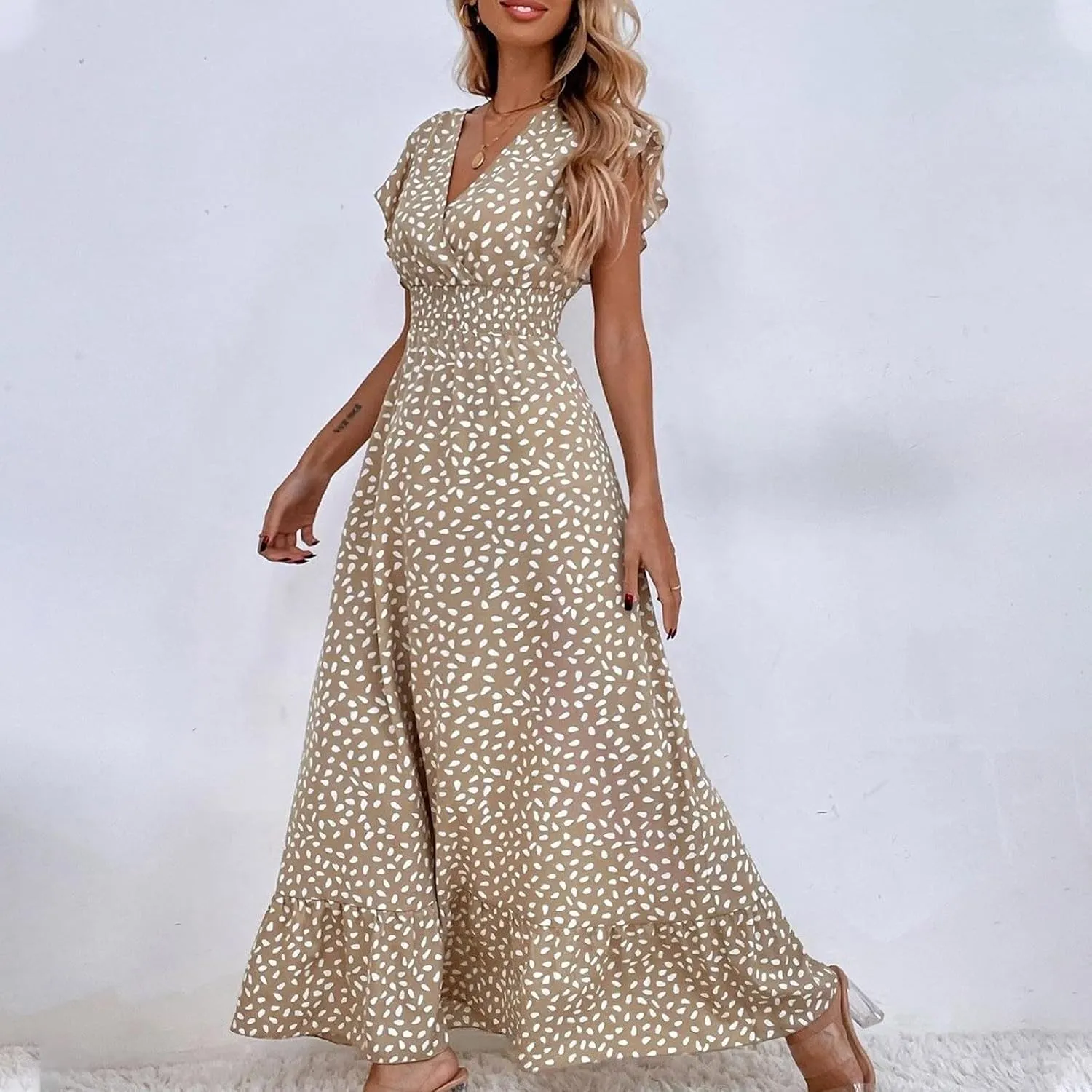 2024 Womens Summer Dresses Casual Boho Floral Ruffle Sleeve Midi Dresses Trendy Tie Waist V-Neck Sundress Beach Dress