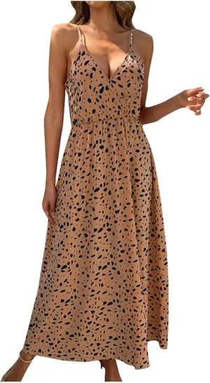 2025 Bohemian Floral Print Dress for Women Summer V Neck Spaghetti Strap Sleeveless Flowy Beach Maxi Dresses