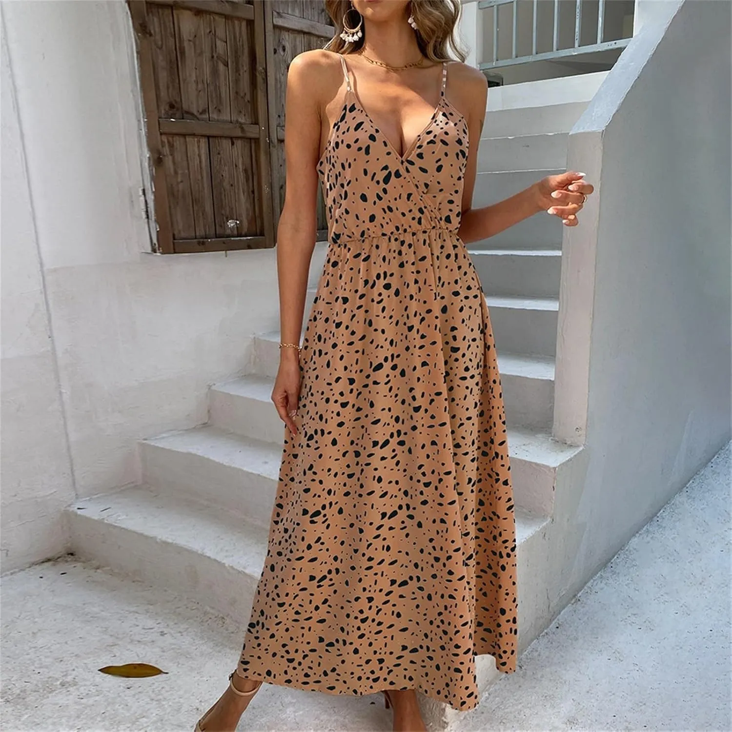 2025 Bohemian Floral Print Dress for Women Summer V Neck Spaghetti Strap Sleeveless Flowy Beach Maxi Dresses