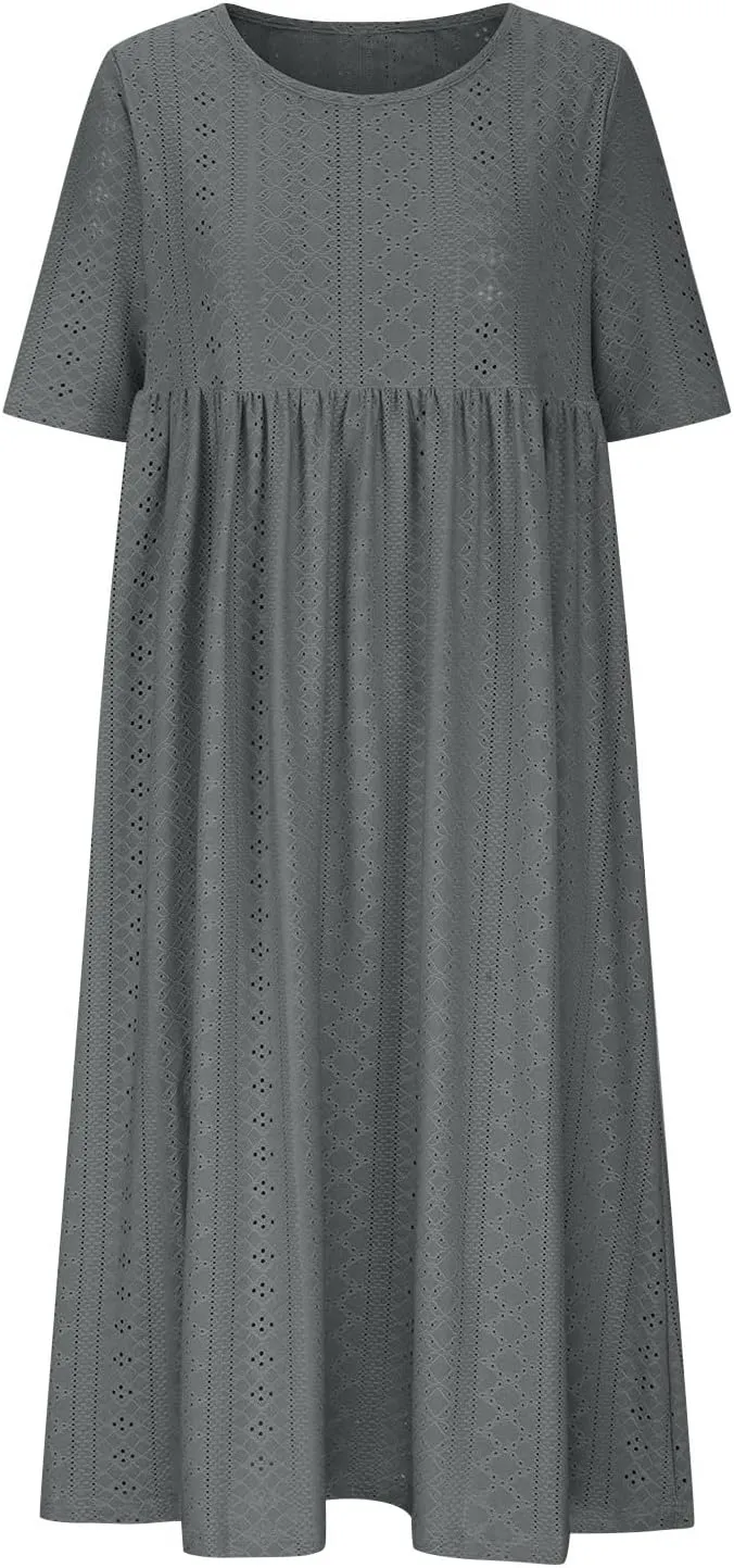 2025 Summer Dress for Womens Dressy Casual Sundress Hollow Out Eyelet Embroidery Maxi Dress Petal Sleeve Beach Dresses