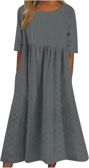 2025 Summer Dress for Womens Dressy Casual Sundress Hollow Out Eyelet Embroidery Maxi Dress Petal Sleeve Beach Dresses