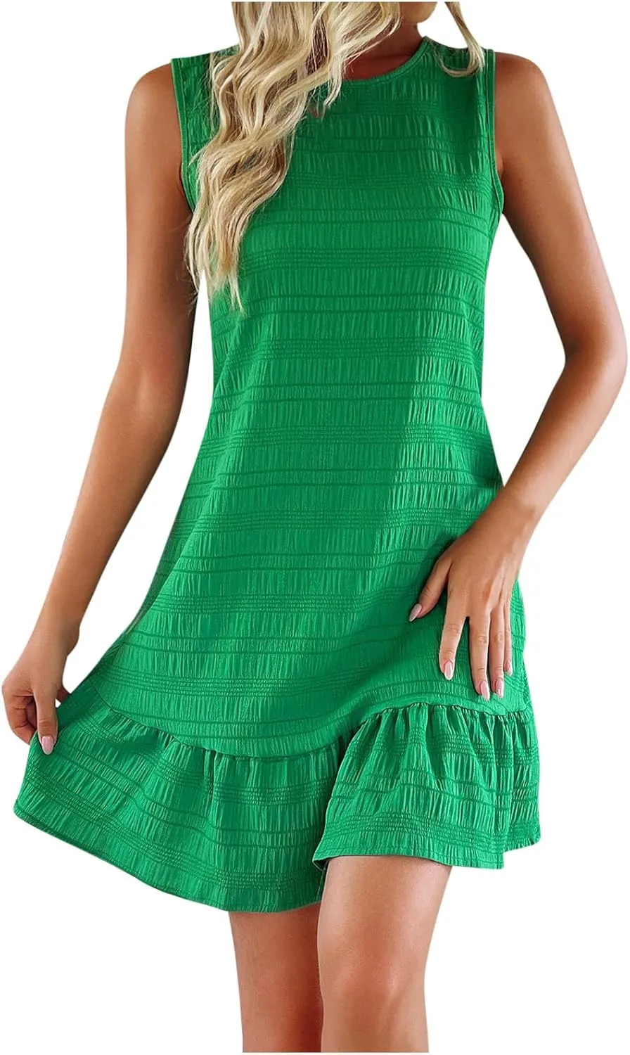 2025 Womens Summer Smocked V Neck Dresses Casual Ruffle Short Sleeve Dress Loose A-Line Swing Mini Dress Sundress