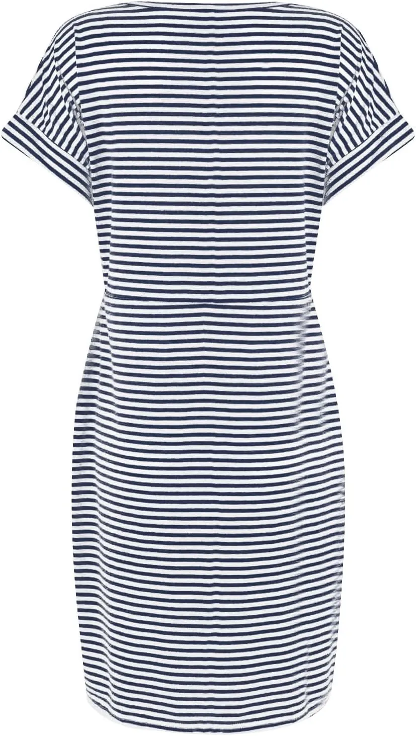 2025 Womens Summer Vacation Dresses Short Sleeve Casual Tie Waist Striped Crewneck Trendy Resort Wear Dress