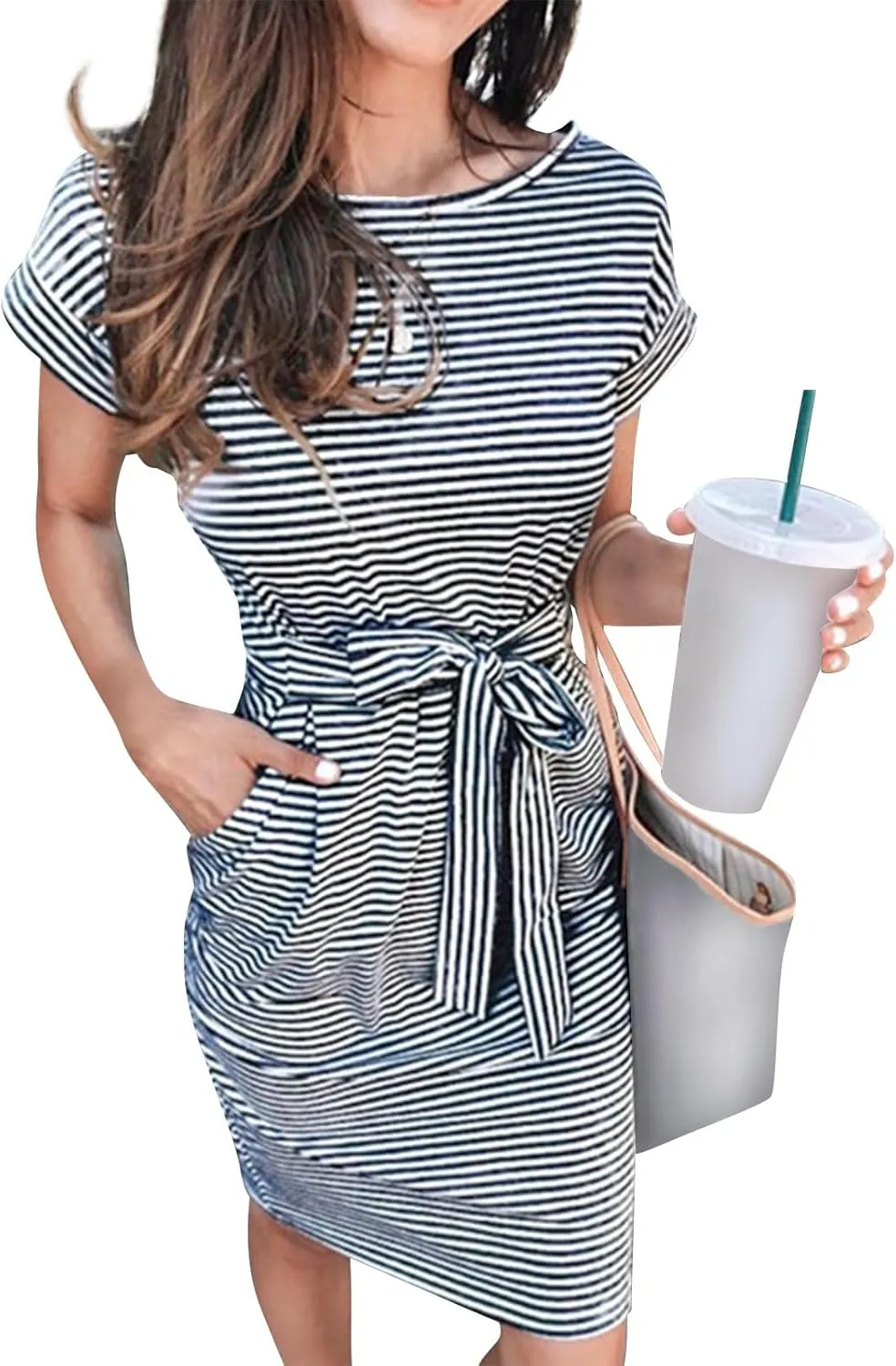 2025 Womens Summer Vacation Dresses Short Sleeve Casual Tie Waist Striped Crewneck Trendy Resort Wear Dress