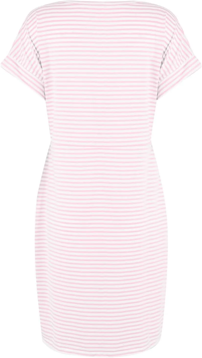 2025 Womens Summer Vacation Dresses Short Sleeve Casual Tie Waist Striped Crewneck Trendy Resort Wear Dress