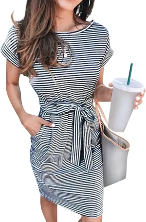 2025 Womens Summer Vacation Dresses Short Sleeve Casual Tie Waist Striped Crewneck Trendy Resort Wear Dress