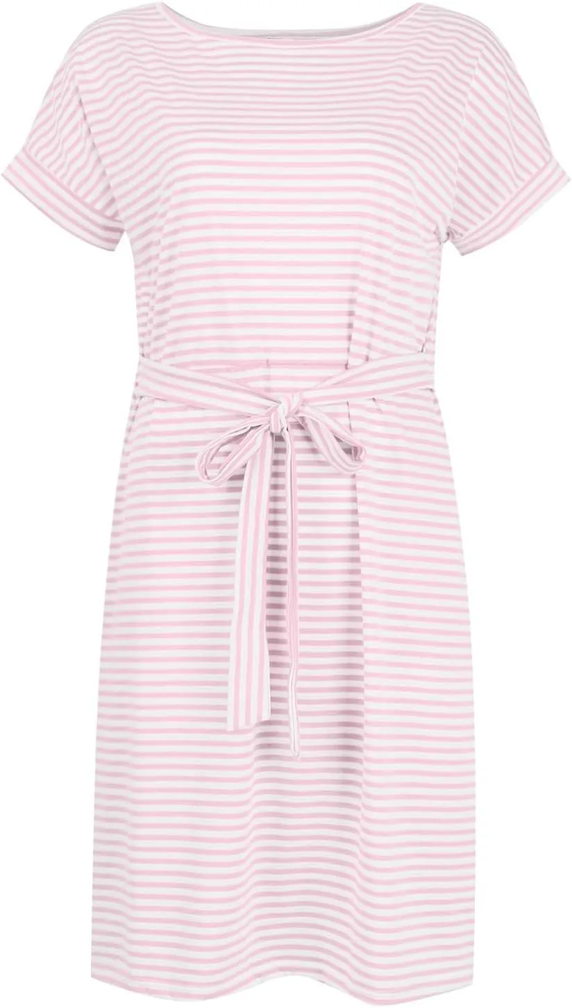 2025 Womens Summer Vacation Dresses Short Sleeve Casual Tie Waist Striped Crewneck Trendy Resort Wear Dress