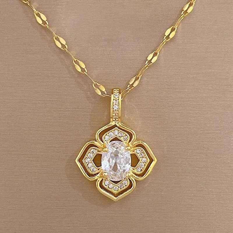 316L Stainless Steel Gold Plated Elegant Charm Crystal Flower Pendant Necklace