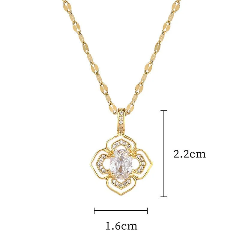 316L Stainless Steel Gold Plated Elegant Charm Crystal Flower Pendant Necklace