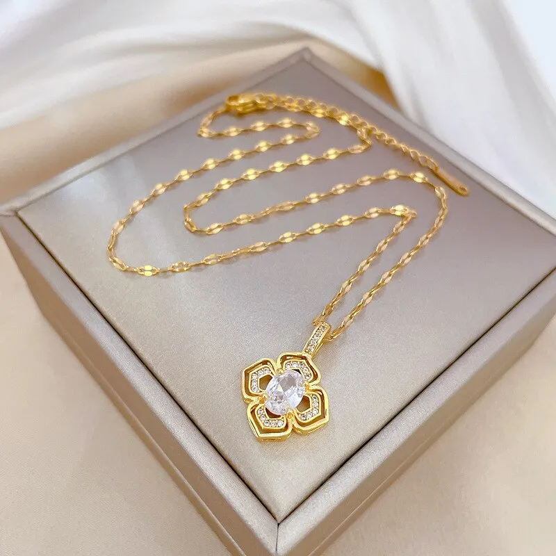 316L Stainless Steel Gold Plated Elegant Charm Crystal Flower Pendant Necklace