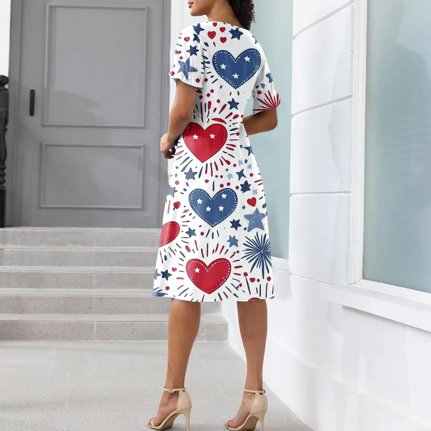 4Th July Dress Women Midi Red White and Blue Dresses Short Sleeve USA Flag Dress Holiday Festival Dresses