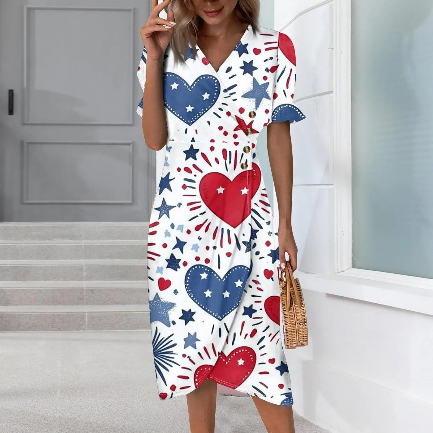 4Th July Dress Women Midi Red White and Blue Dresses Short Sleeve USA Flag Dress Holiday Festival Dresses