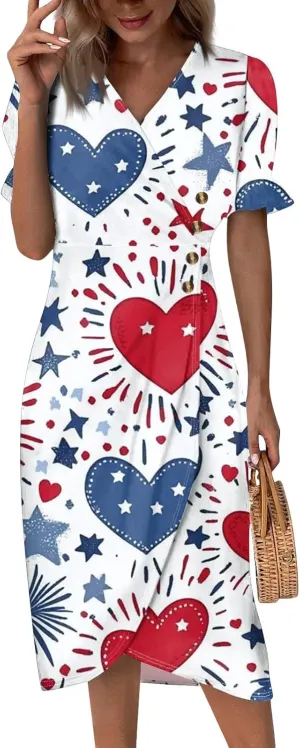 4Th July Dress Women Midi Red White and Blue Dresses Short Sleeve USA Flag Dress Holiday Festival Dresses