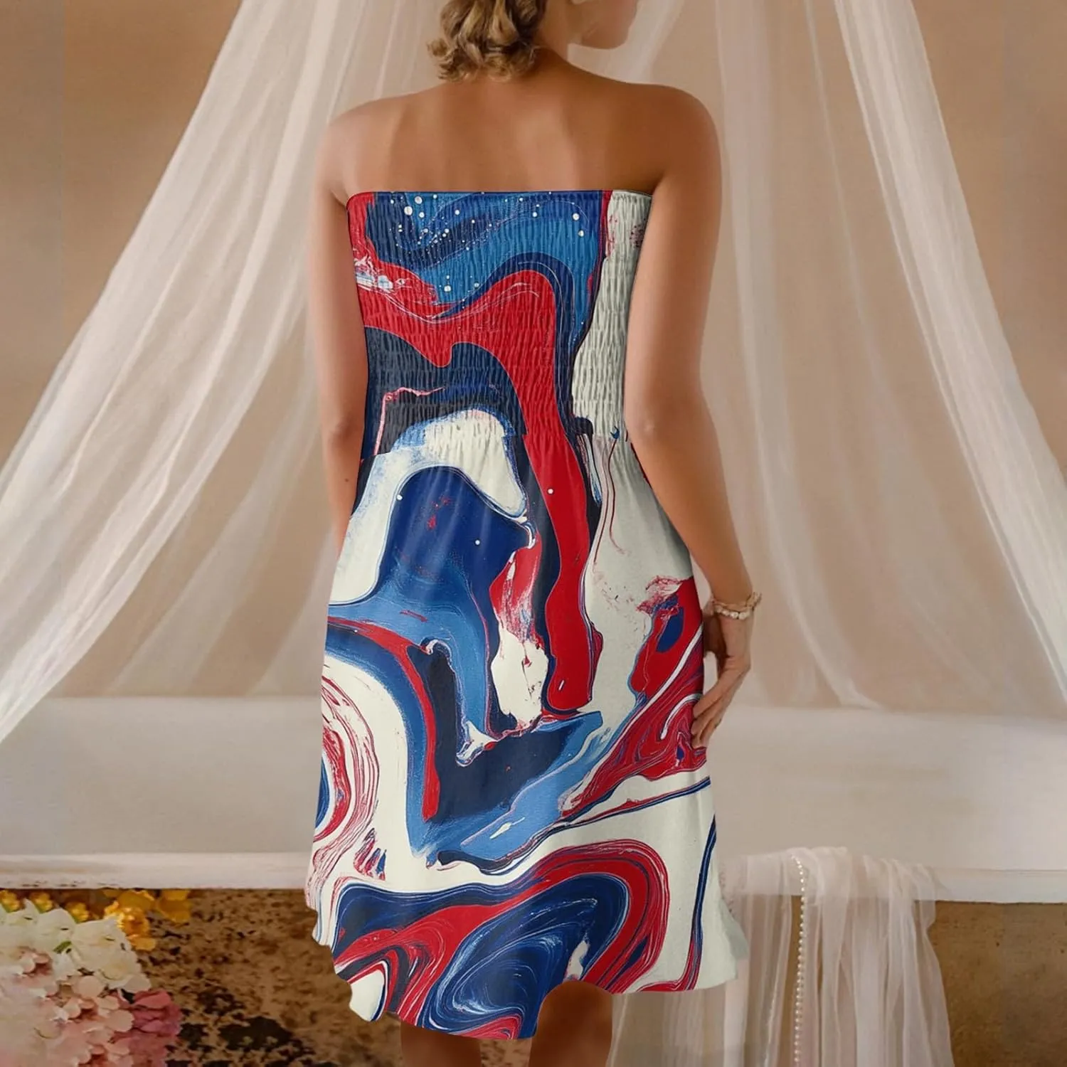 4th of July Dresses for Women American Flag Strapless Sundress Summer Beach Boho Smocked Tube Top Dress
