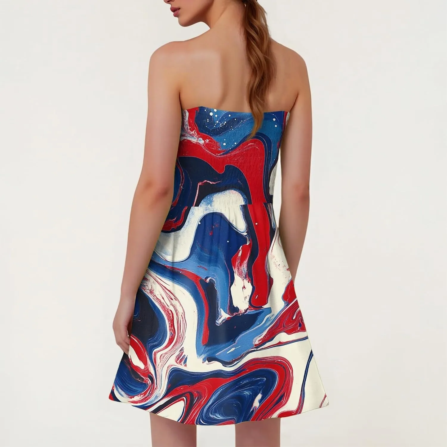 4th of July Dresses for Women American Flag Strapless Sundress Summer Beach Boho Smocked Tube Top Dress