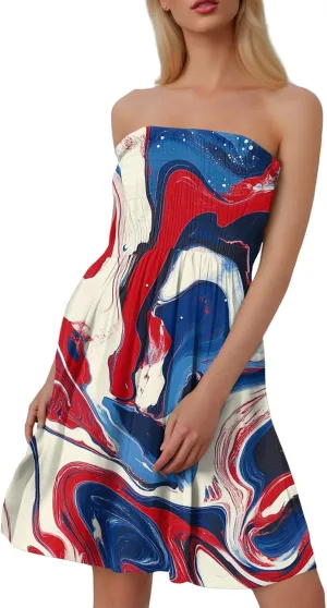 4th of July Dresses for Women American Flag Strapless Sundress Summer Beach Boho Smocked Tube Top Dress