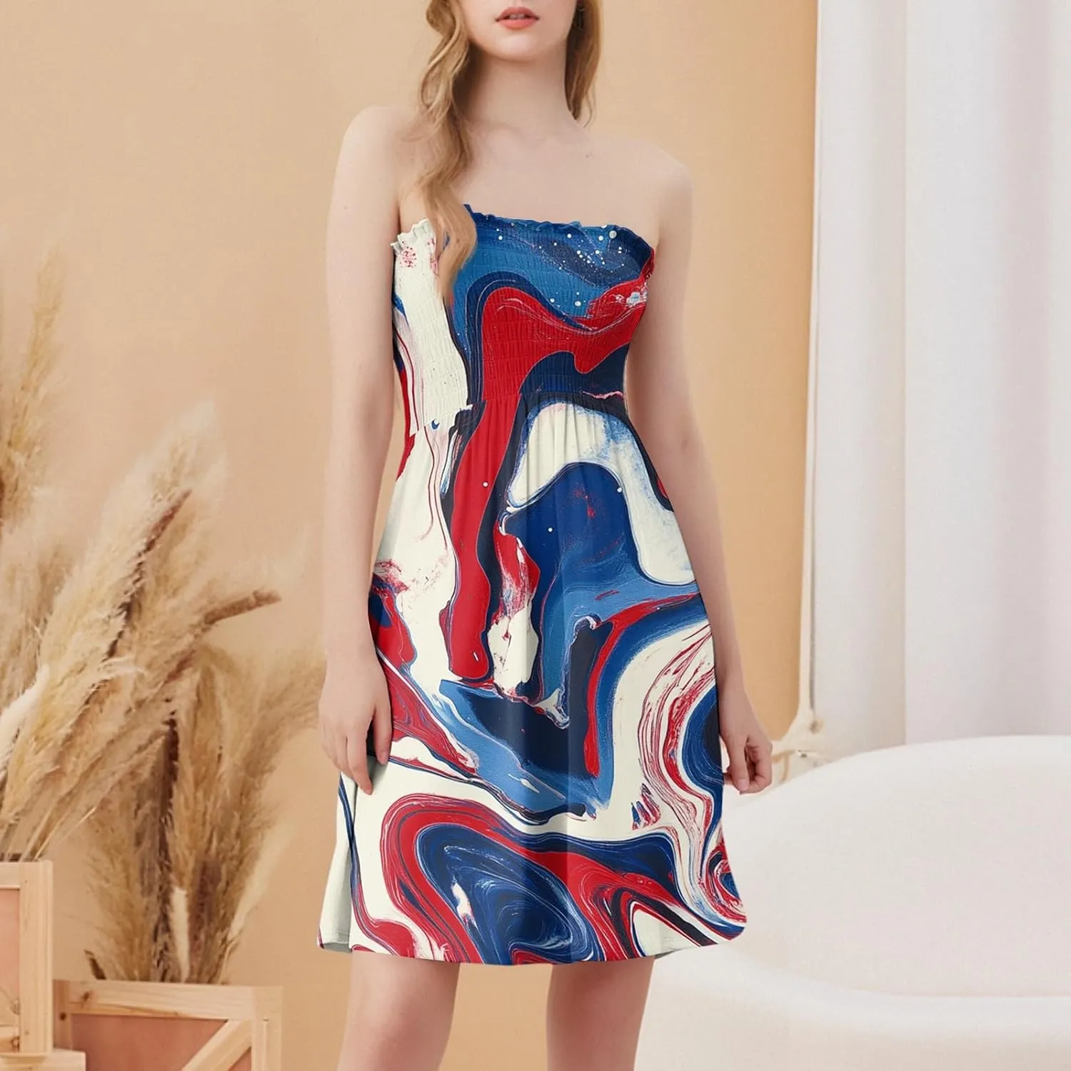 4th of July Dresses for Women American Flag Strapless Sundress Summer Beach Boho Smocked Tube Top Dress