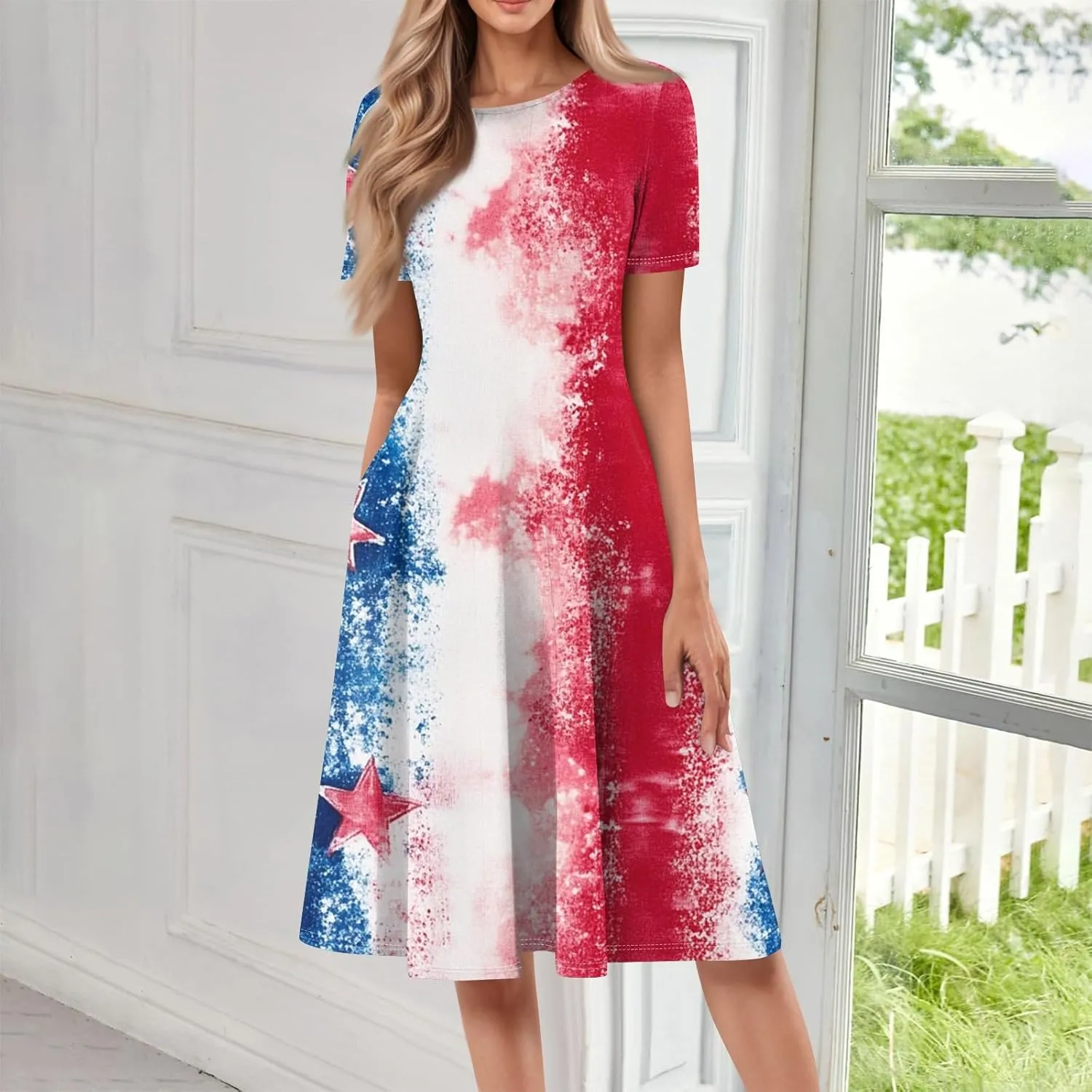 4Th of July Womens Dress Midi Red White and Blue Dresses Short Sleeve Patriotic Dress Holiday Festival Party Dresses
