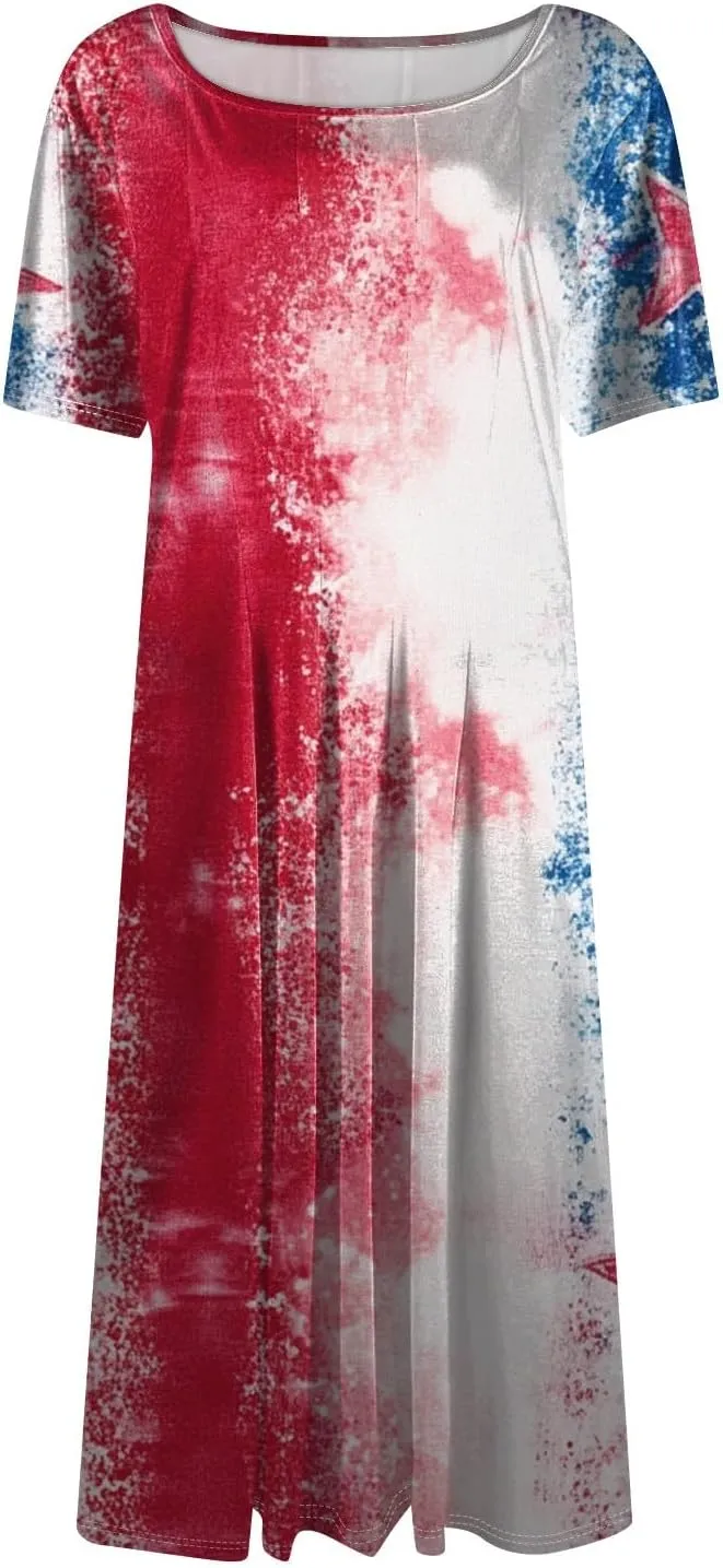 4Th of July Womens Dress Midi Red White and Blue Dresses Short Sleeve Patriotic Dress Holiday Festival Party Dresses