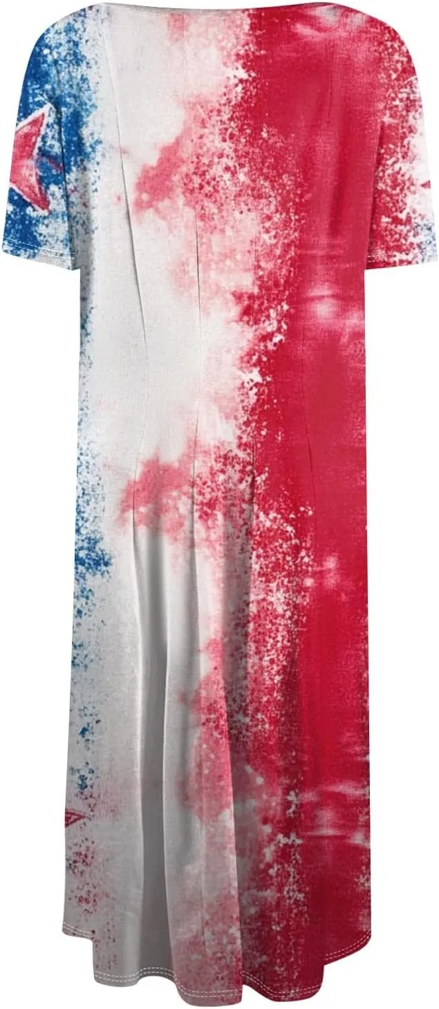 4Th of July Womens Dress Midi Red White and Blue Dresses Short Sleeve Patriotic Dress Holiday Festival Party Dresses