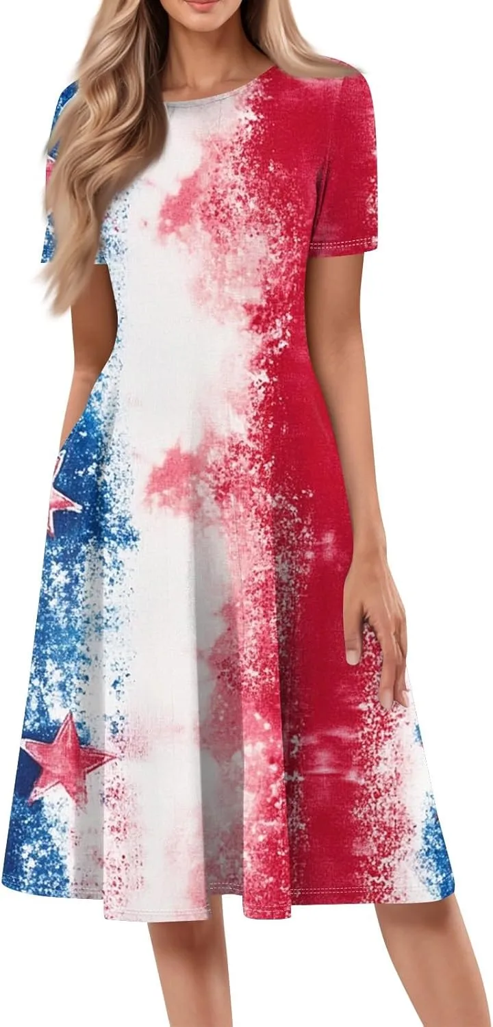 4Th of July Womens Dress Midi Red White and Blue Dresses Short Sleeve Patriotic Dress Holiday Festival Party Dresses