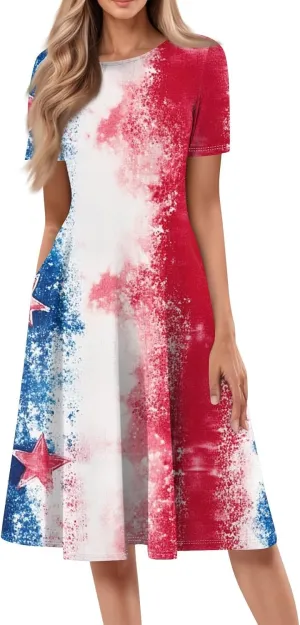 4Th of July Womens Dress Midi Red White and Blue Dresses Short Sleeve Patriotic Dress Holiday Festival Party Dresses