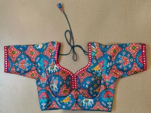 50w318-NRO  Blue & Red Printed Indian Saree Readymade Blouse