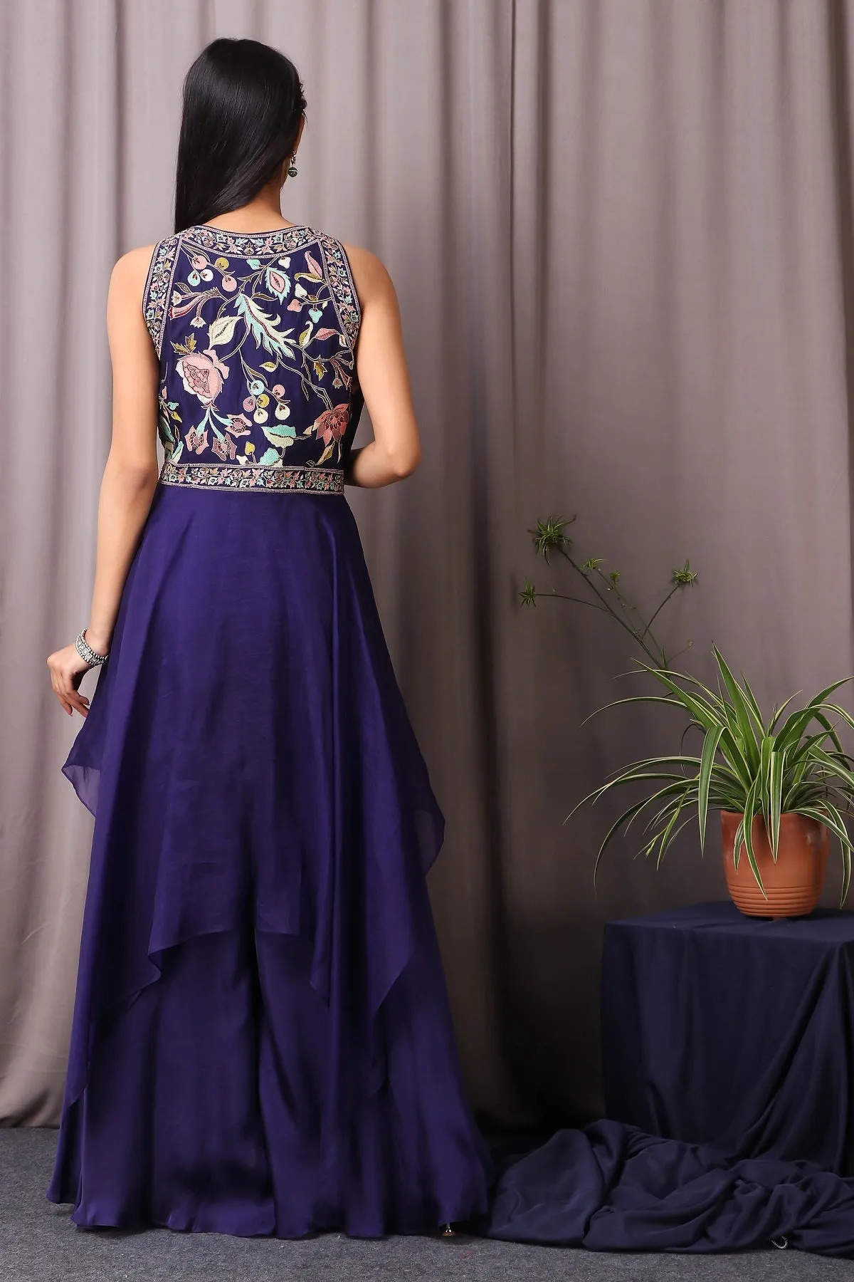 50Z458-RO Navy Blue Organza Satin Drape With Thread Embroidery Sharara