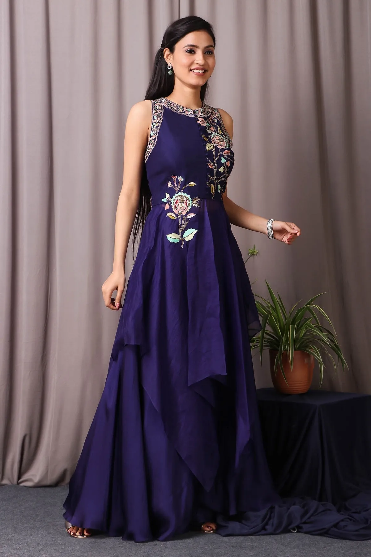 50Z458-RO Navy Blue Organza Satin Drape With Thread Embroidery Sharara