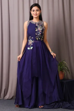 50Z458-RO Navy Blue Organza Satin Drape With Thread Embroidery Sharara