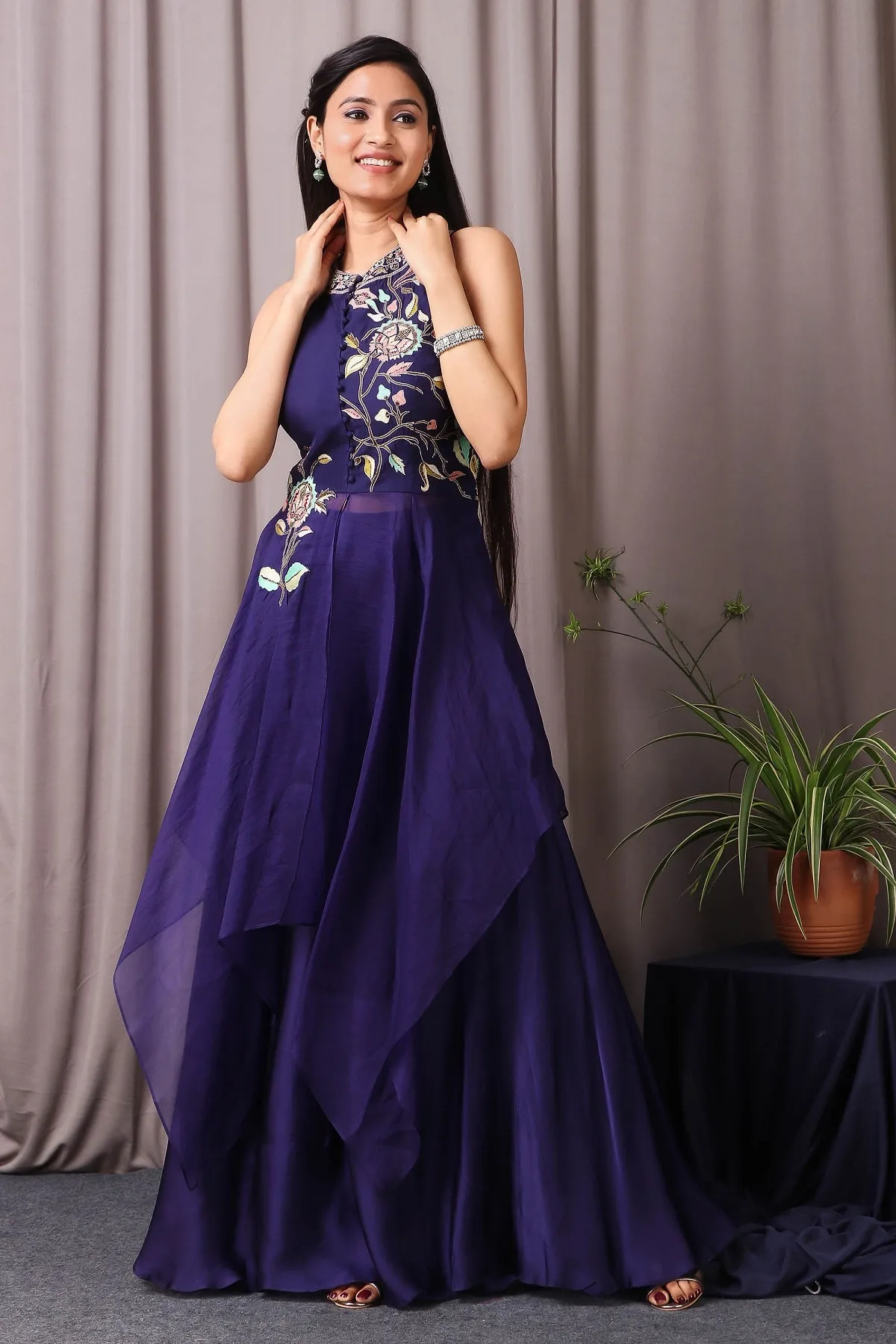 50Z458-RO Navy Blue Organza Satin Drape With Thread Embroidery Sharara