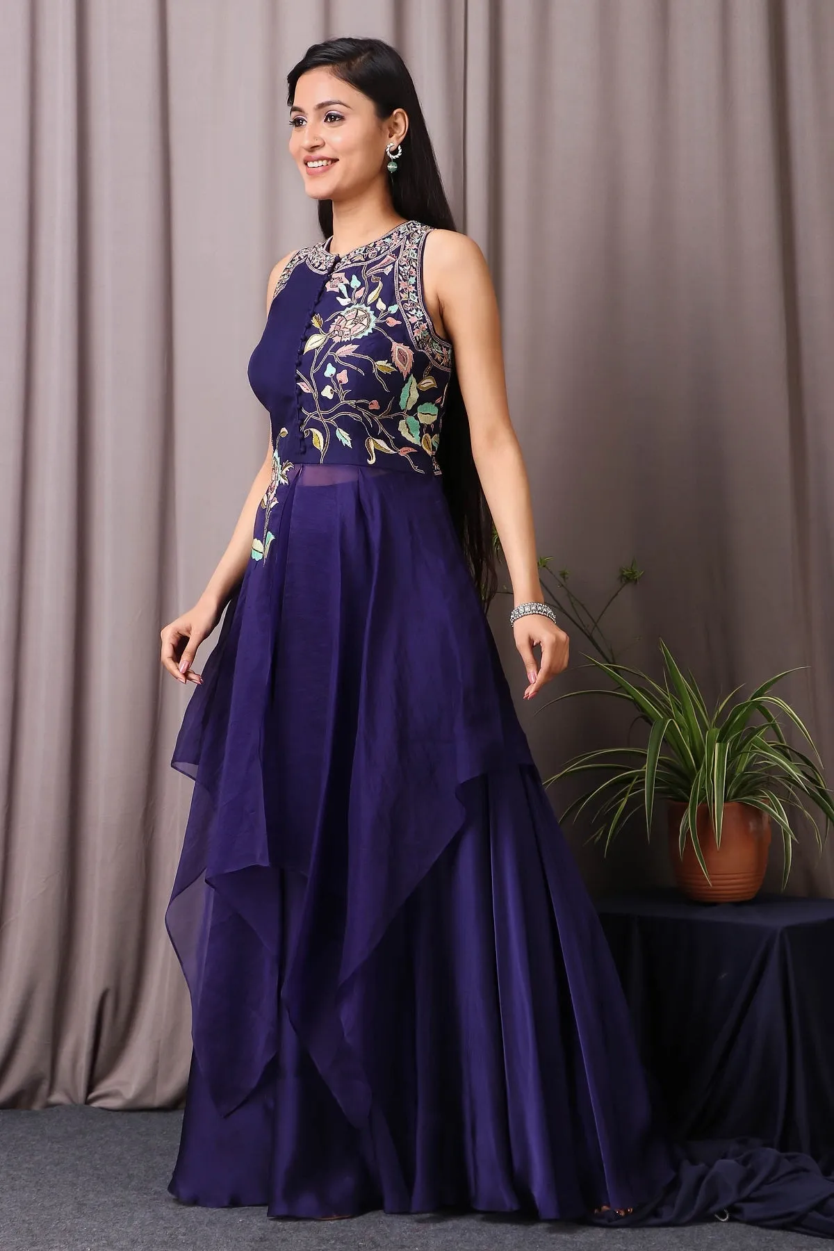 50Z458-RO Navy Blue Organza Satin Drape With Thread Embroidery Sharara