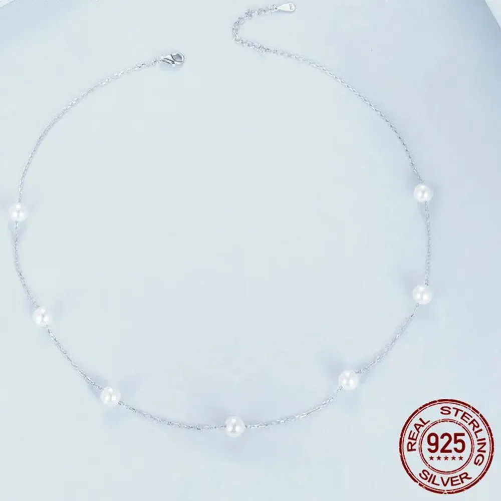 925 Sterling Silver Dainty Shell Pearl Choker Necklace, White Gold Plated Pearl Charm Necklaces Jewelry Gifts for Women